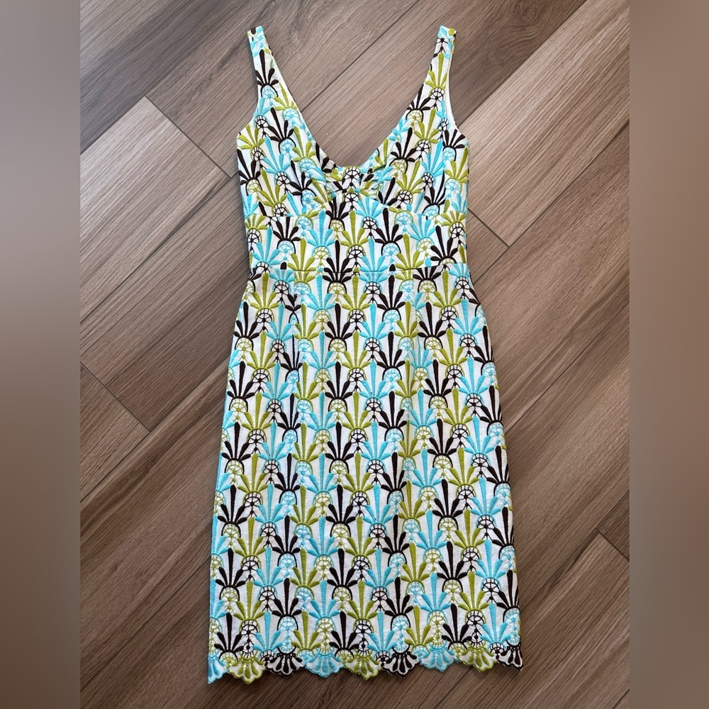 Early 2000s Vintage Milly Green Blue Brown White Embroidered Dress